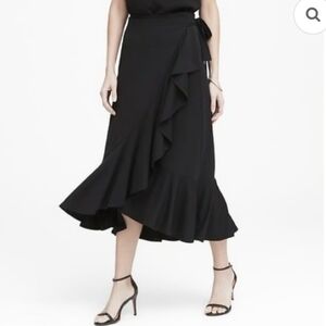 Banana Republic Black Asymmetric Ruffle Wrap Jersey Midi Skirt Size